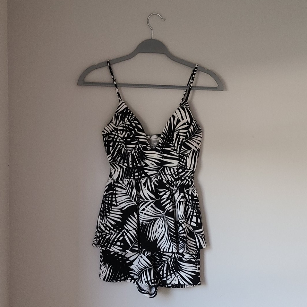 Black and white palm leaf romper